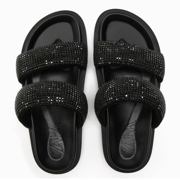 Zara Black🖤🖤🖤 Rhinestone Flat Sandals - Size 6 - NWT - Picture 3 of 12